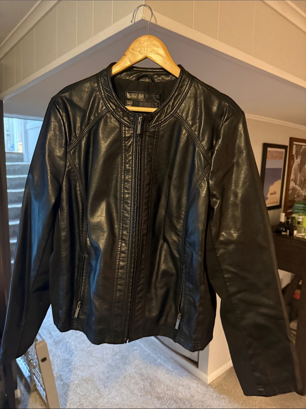 Classic Black Leather Jacket - Women's Zip Front Coat